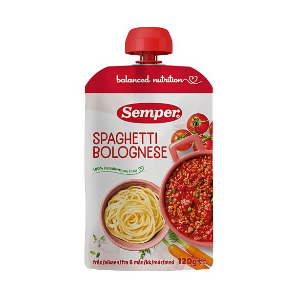 Semper Spaghetti bolognese, klar til at spise, fra 6. mdr. 