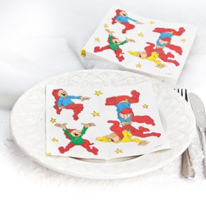 Juleservietter, hvide med Bramming Nisser. 33 x 33cm