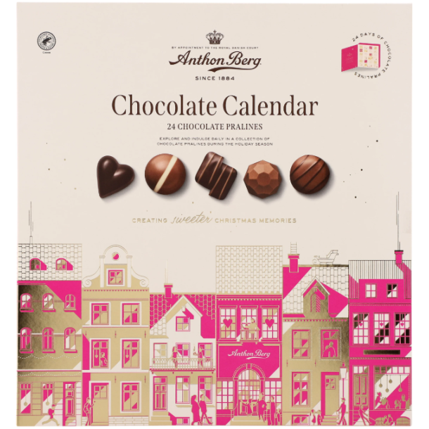 Julekalender Anthon Berg med marcipanfyldt chokolade.