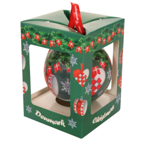 Julekugle, grn med trommer, flag og julehjerter. 