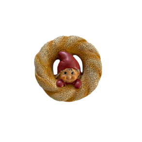 Julemagnet med sd nisse i rund smkage. 6x6cm.