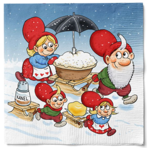 Juleserviet med Nissefamilie p tur med risengrd. 33 x 33cm. 