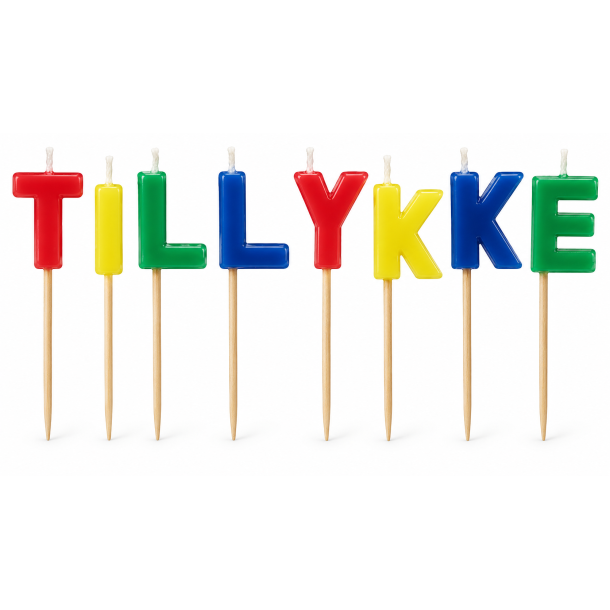 Lys "TILLYKKE", multifarvede. 8cm h�je.