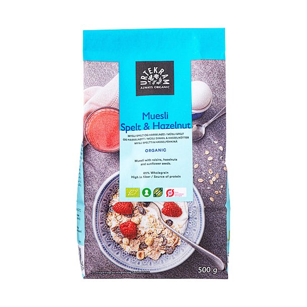 Urtekram �kologisk Mysli, spelt og hasseln�d. 500g