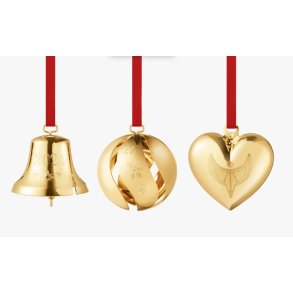 Georg Jensen Julekugle, klokke og hjerte. Guldbelagt. 2024.
