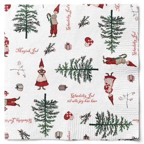 Juleserviet, Hvid med nisser, grantr og tekst. Fra Danish Design. 33 x 33cm.